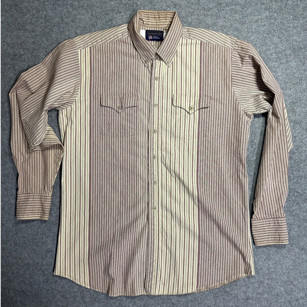 Panhandle Slim Western Button Down Shirt 17.5-38 Tan Burgundy Striped Cotton